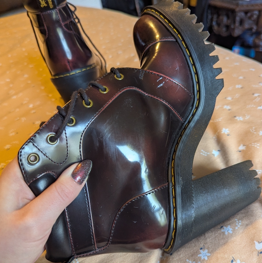 Dr. Martens Women's Burgundy Patent Leather Platform Ankle Boots - Picture 9 of 12
